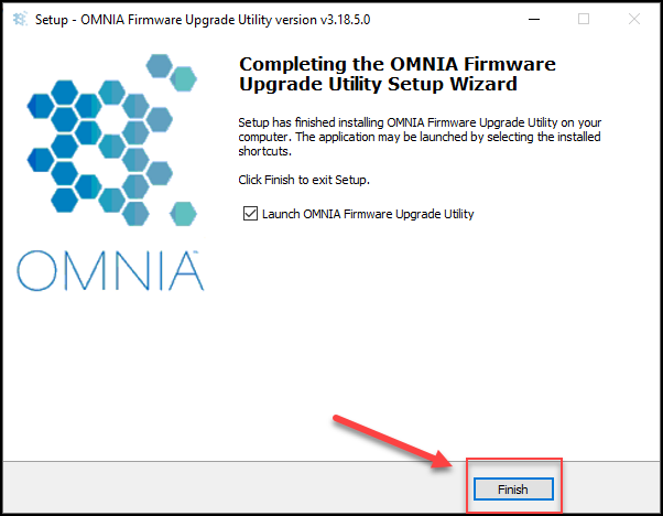 Completing the OMNIA Firmware Upgrade Setup Wizard prompt, click, "Finish"