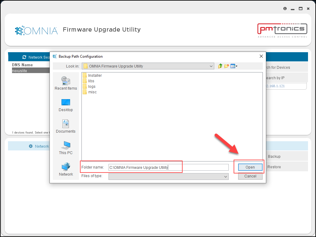 Choose the location of the Nexus Lite Backup, by default the OMNIA Firmware Upgrade Utility will place the back up in the OMNIA Firmware Upgrade Utility Folder. Click Open.