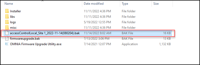 Locate backup file in the OMNIA Firmware Upgrade Utility Folder. (BAK File)